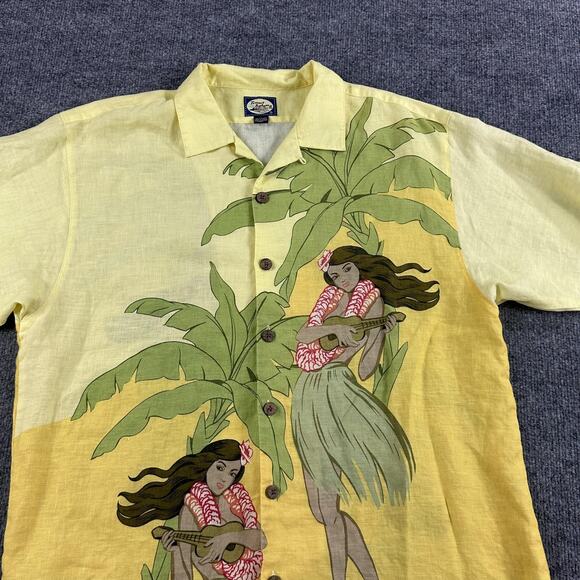 Tommy Bahama Shirt Mens Large Yellow 100% Linen Hawaiian Hula Ukulele Aloha - Picture 3 of 12
